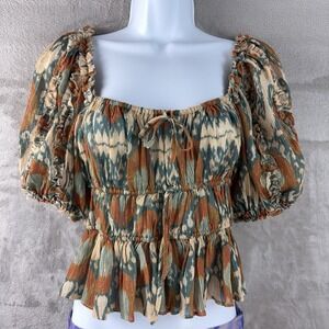 Ulla Johnson Medha Blouse Womens Size 2 Sage Green Puff Sleeve Ikat Print Top